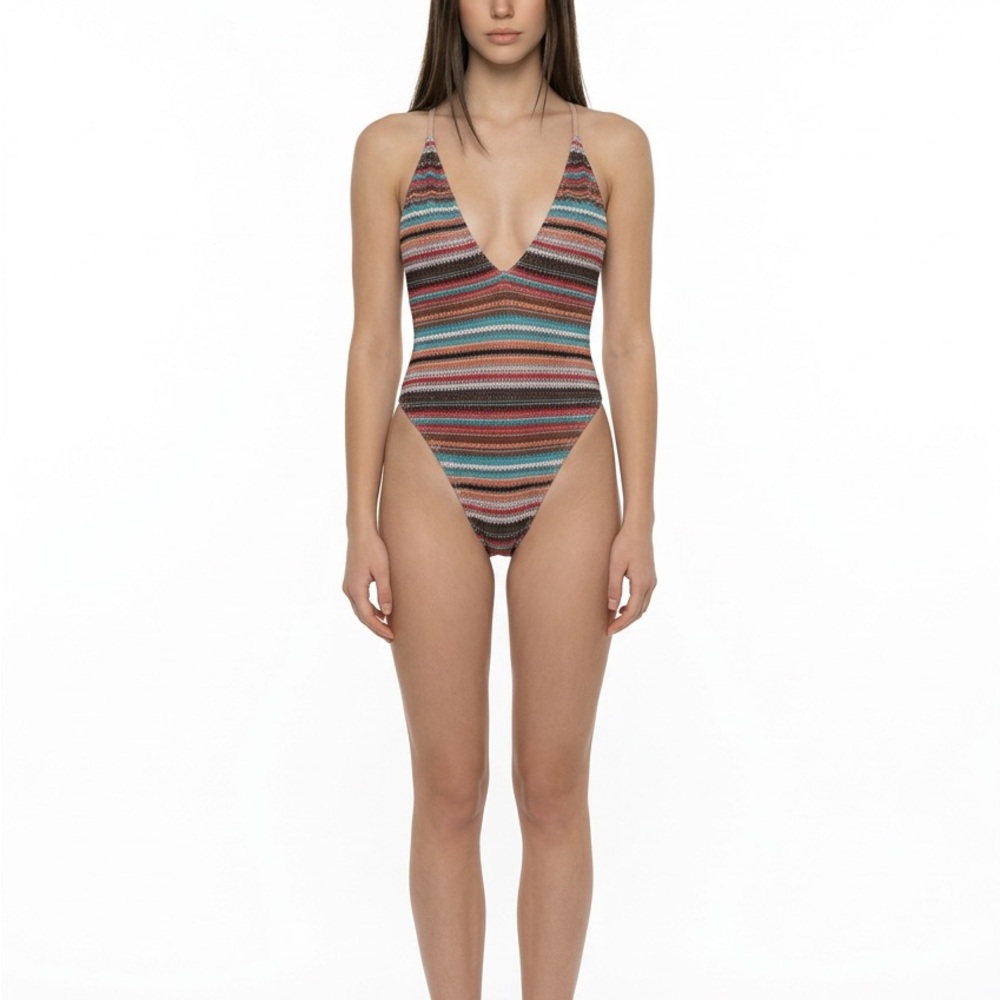 Striped Multicolor Deep V One-Piece Swimsuit